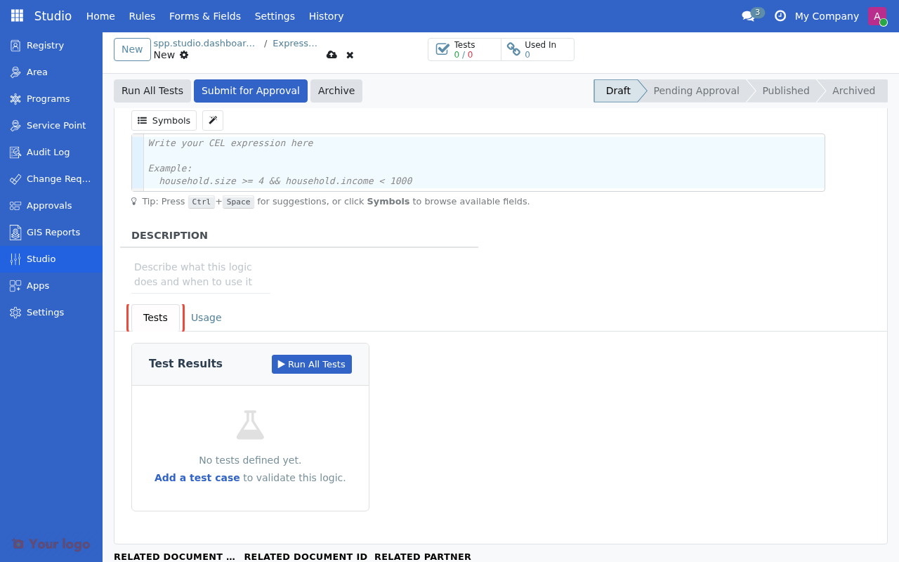 Expression test tab showing test case configuration