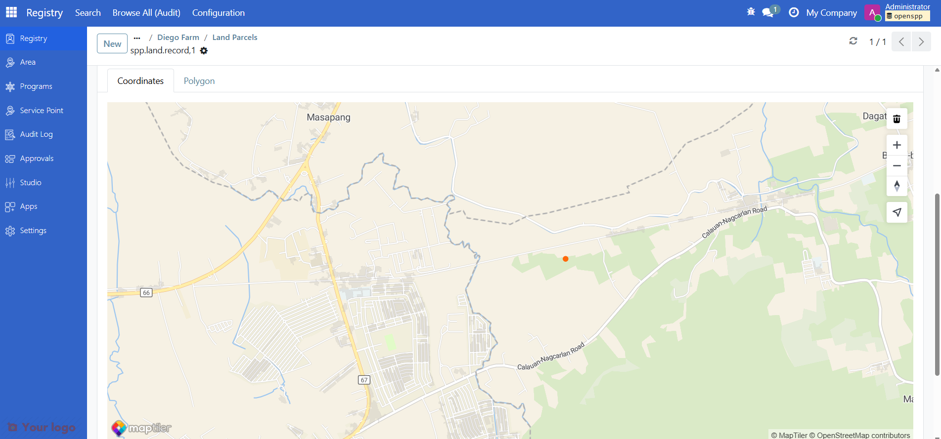 Farm record map view showing a pin on the farm's location with raster tile background