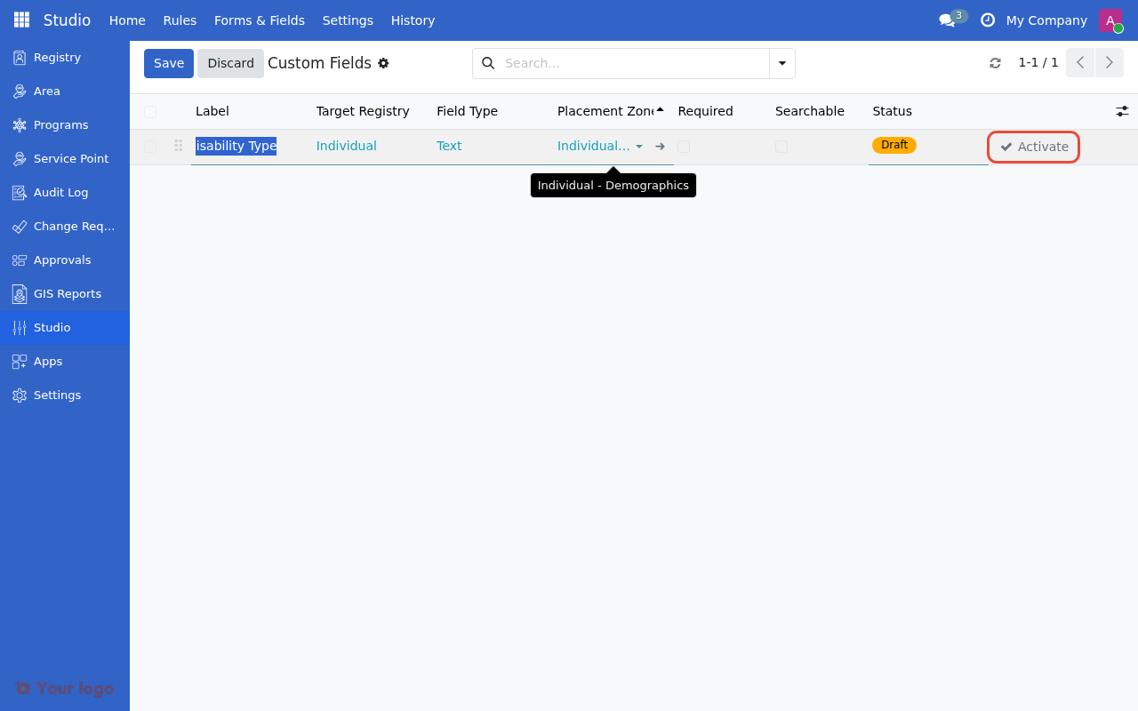 Field form view with Activate button