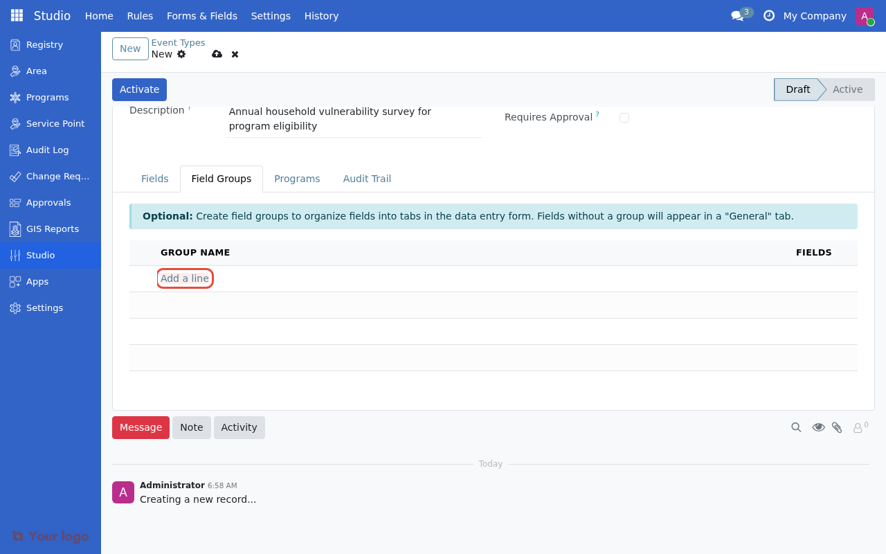 Empty Field Groups tab with Add a line link highlighted