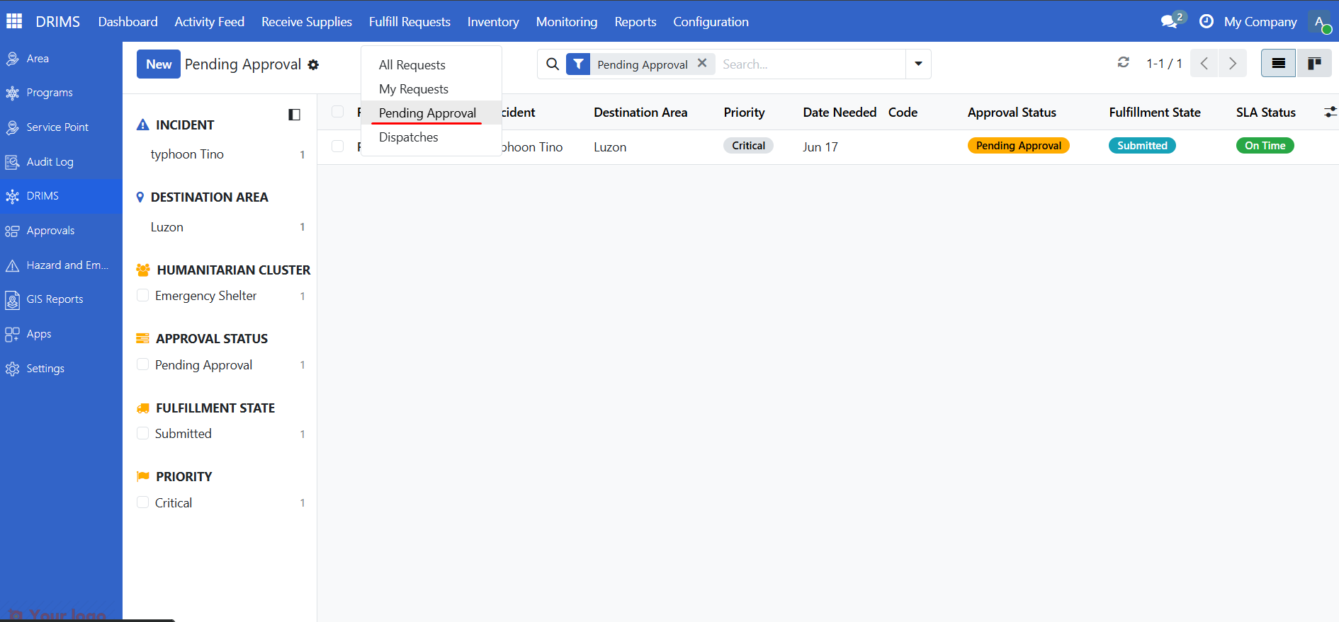 Requests list filtered to Pending Approval state