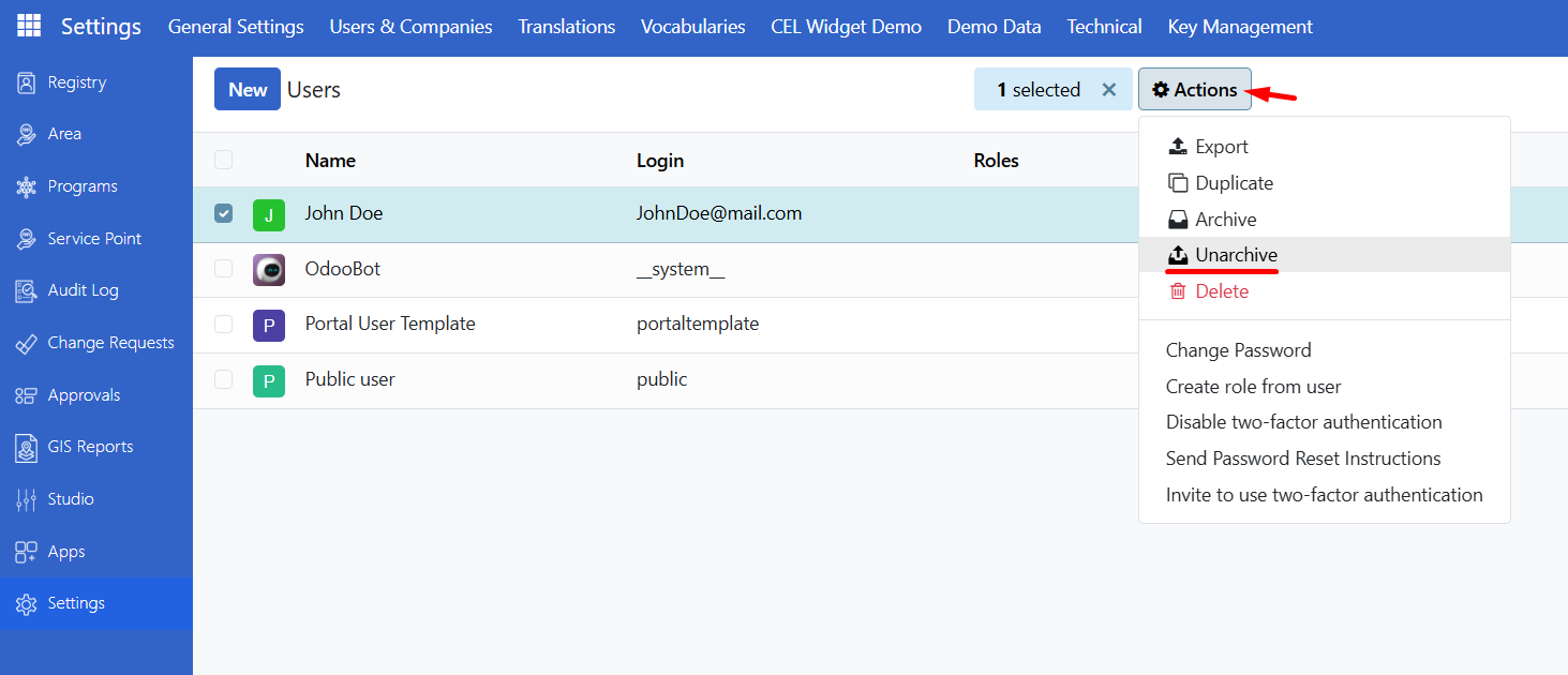 Archived user with Action menu and Unarchive