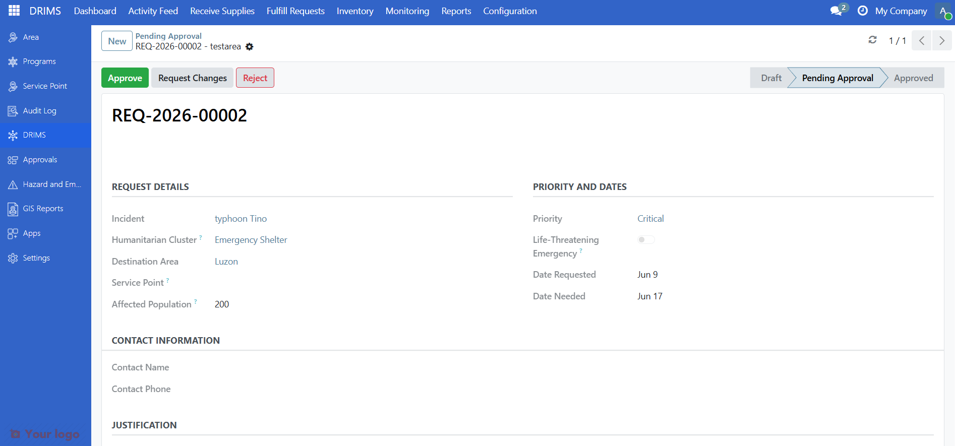 Approve, Request Changes, and Reject buttons on a pending request
