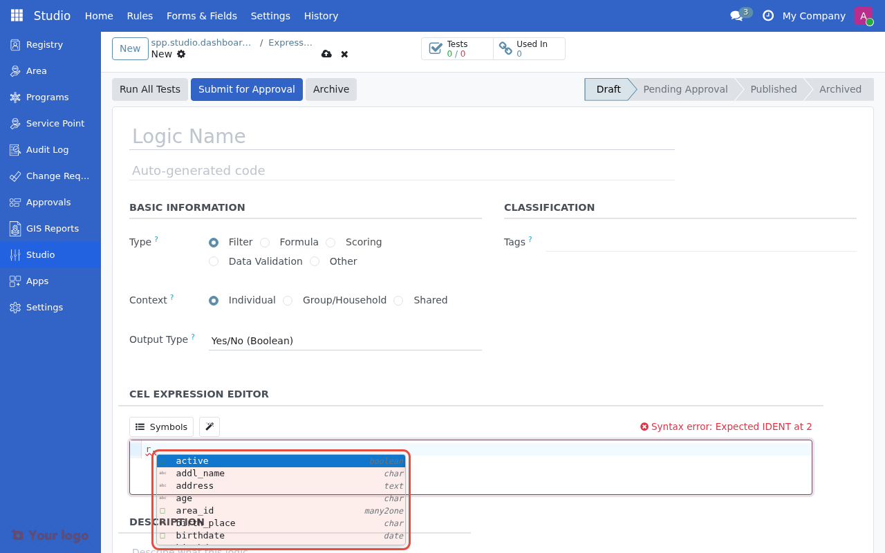 CEL editor showing autocomplete suggestions