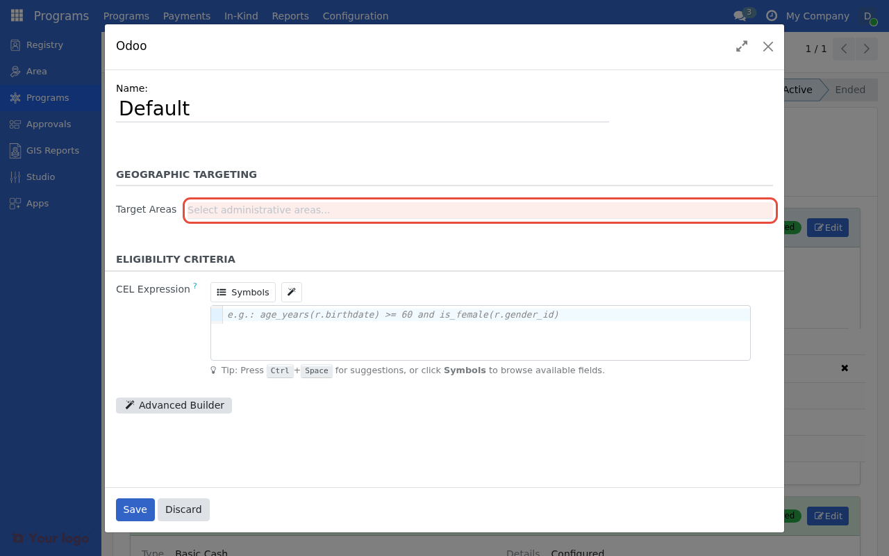 Target Areas field in eligibility manager settings