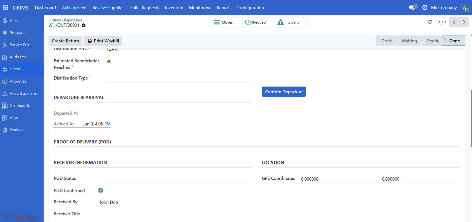 DRIMS tab showing Confirm Delivery button
