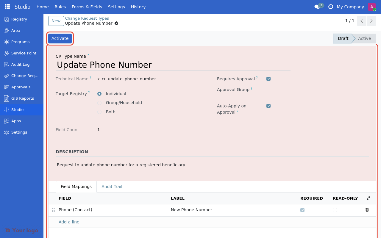 Draft change request type with Activate button highlighted