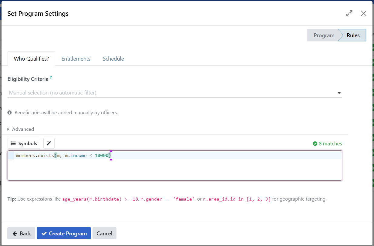 Advanced eligibility criteria field with custom expression