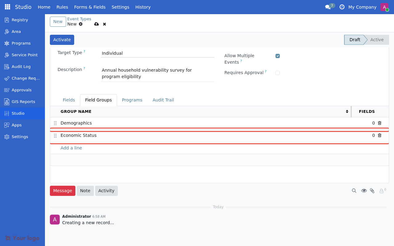 Field Groups tab showing groups created