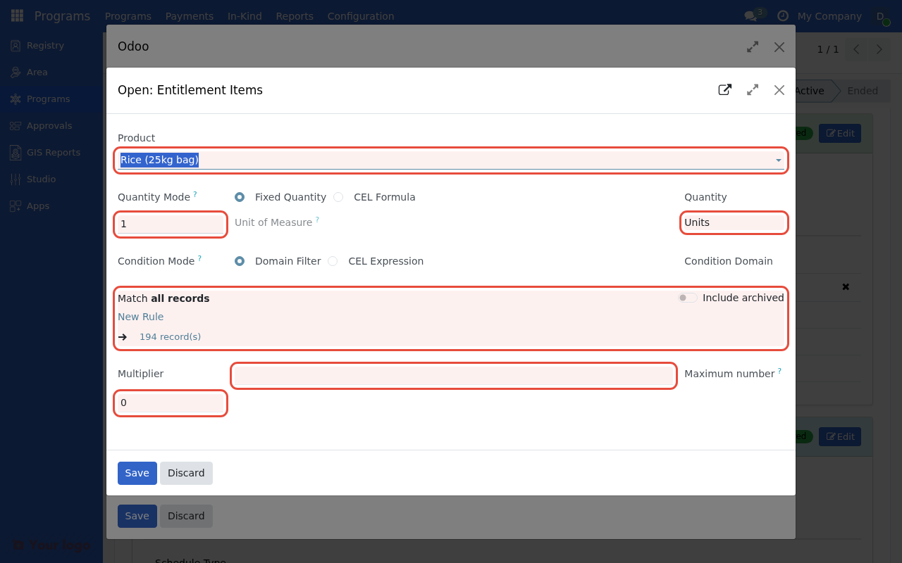 In-kind item configuration with product, quantity, and condition