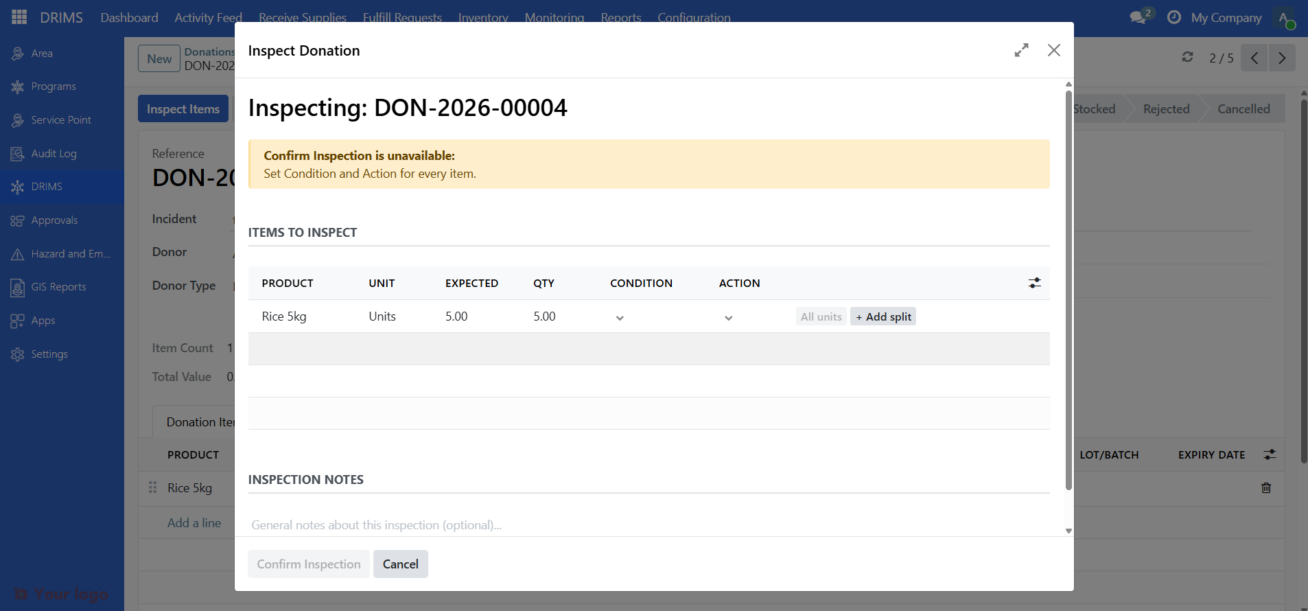 Inspection wizard showing a list of donation items with Condition and Action columns