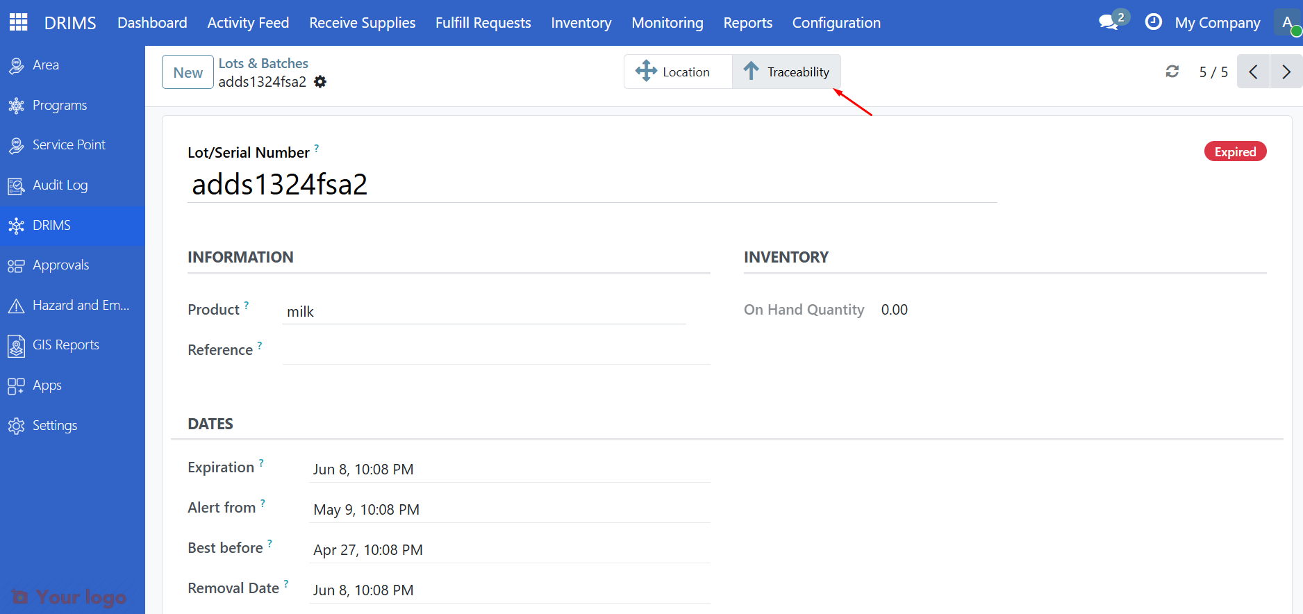Lot form with the Traceability button highlighted