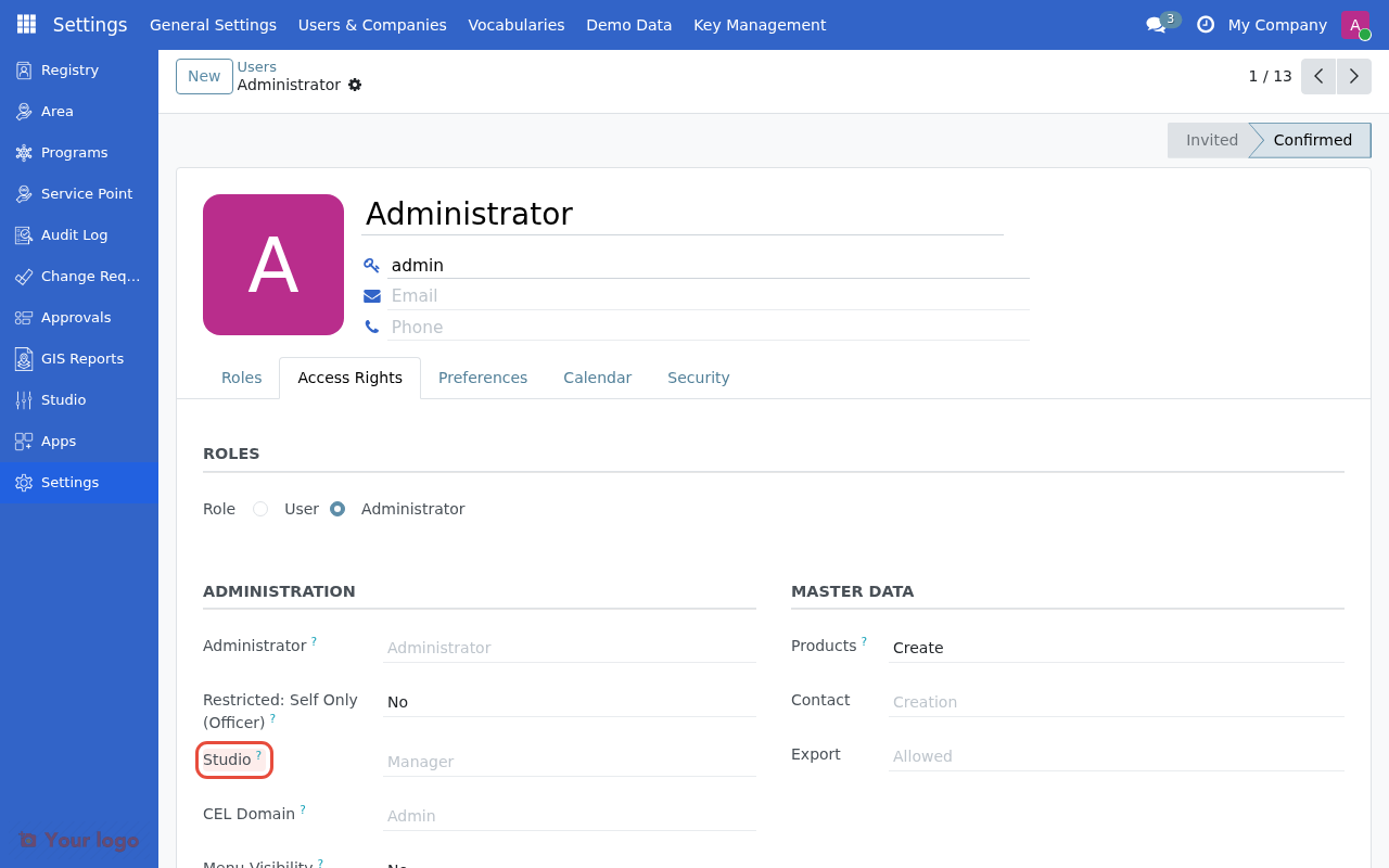 User settings showing Studio privilege options
