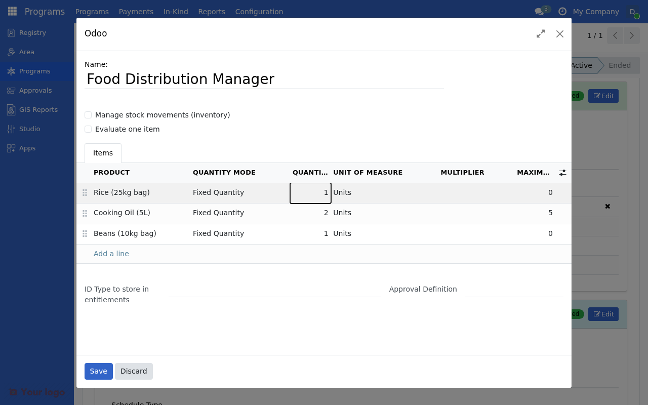 In-kind items list with multiple products configured