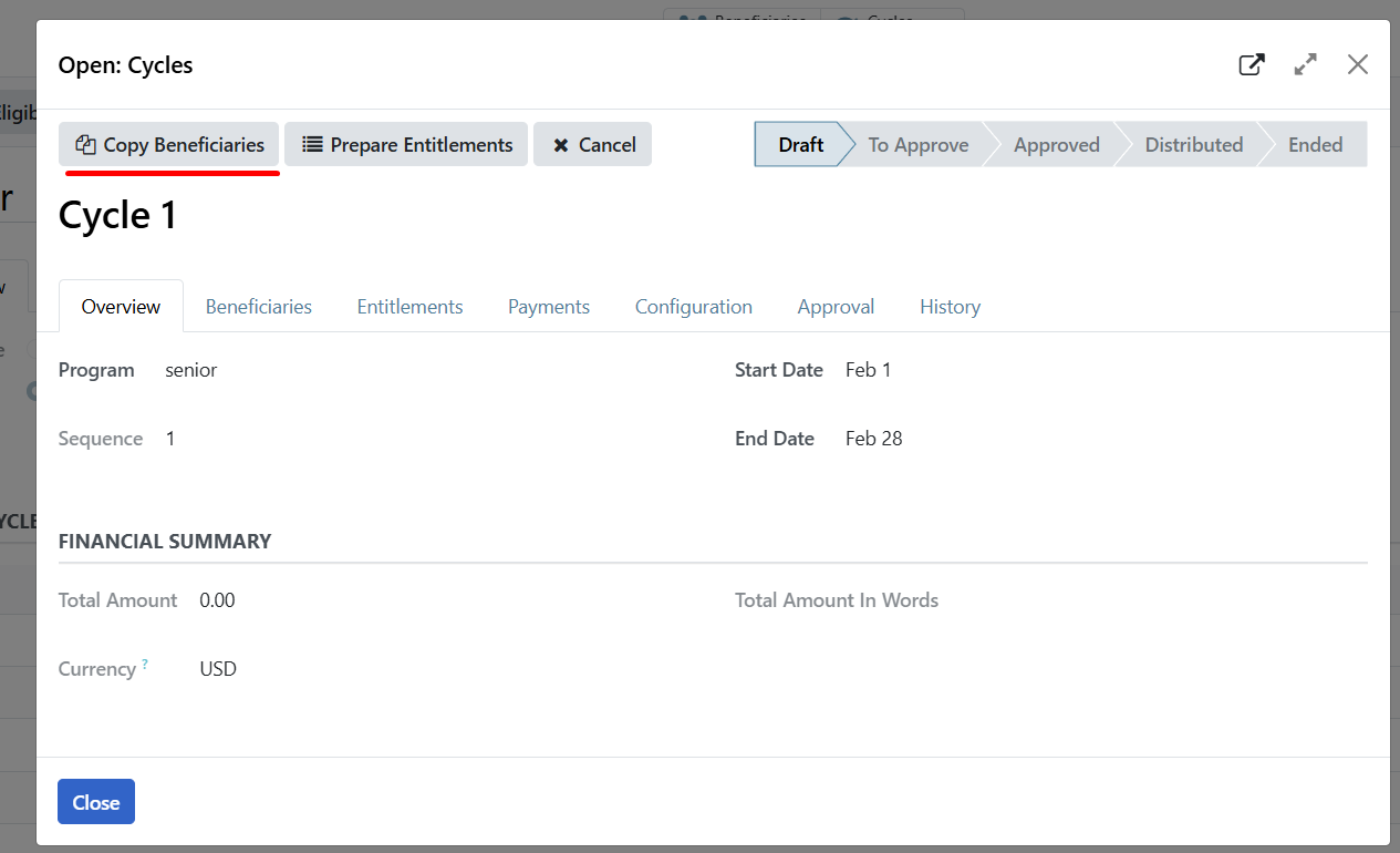 Copy beneficiaries button