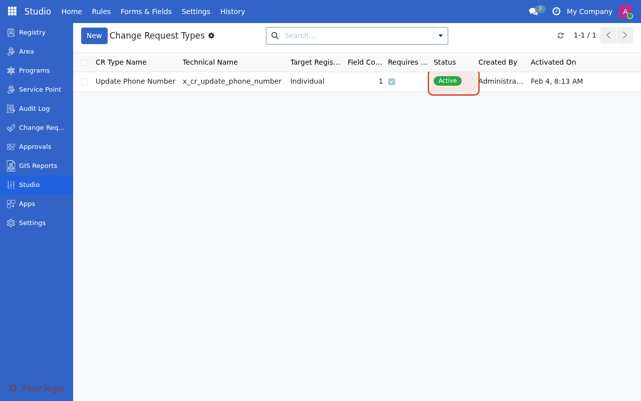 Change Request Types list showing active type