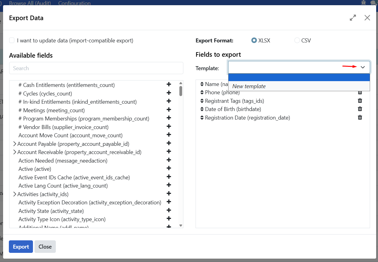 Create export template