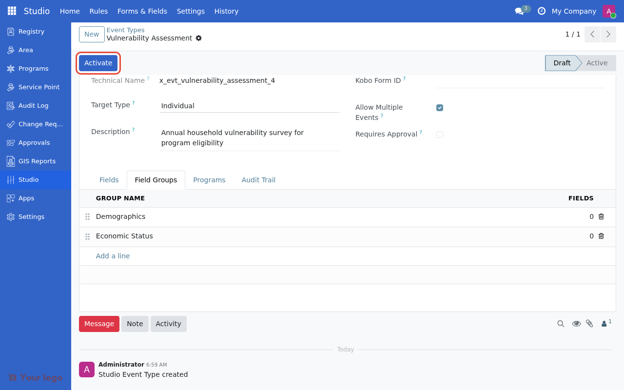 Draft event type with Activate button highlighted