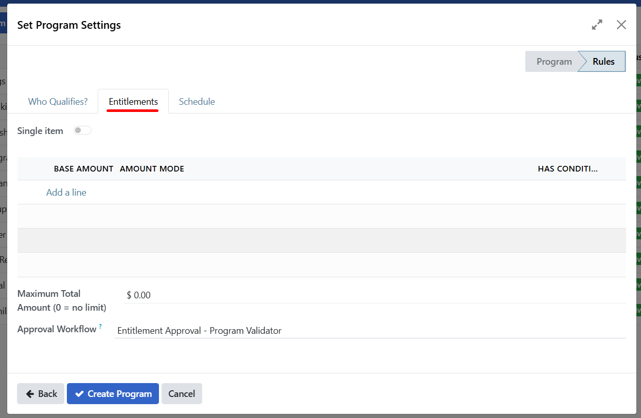Entitlements tab with Add a line button