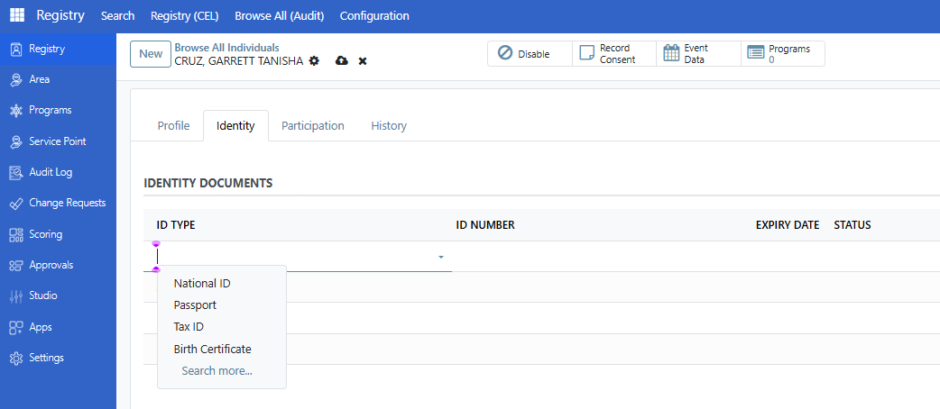 Identity tab with documents