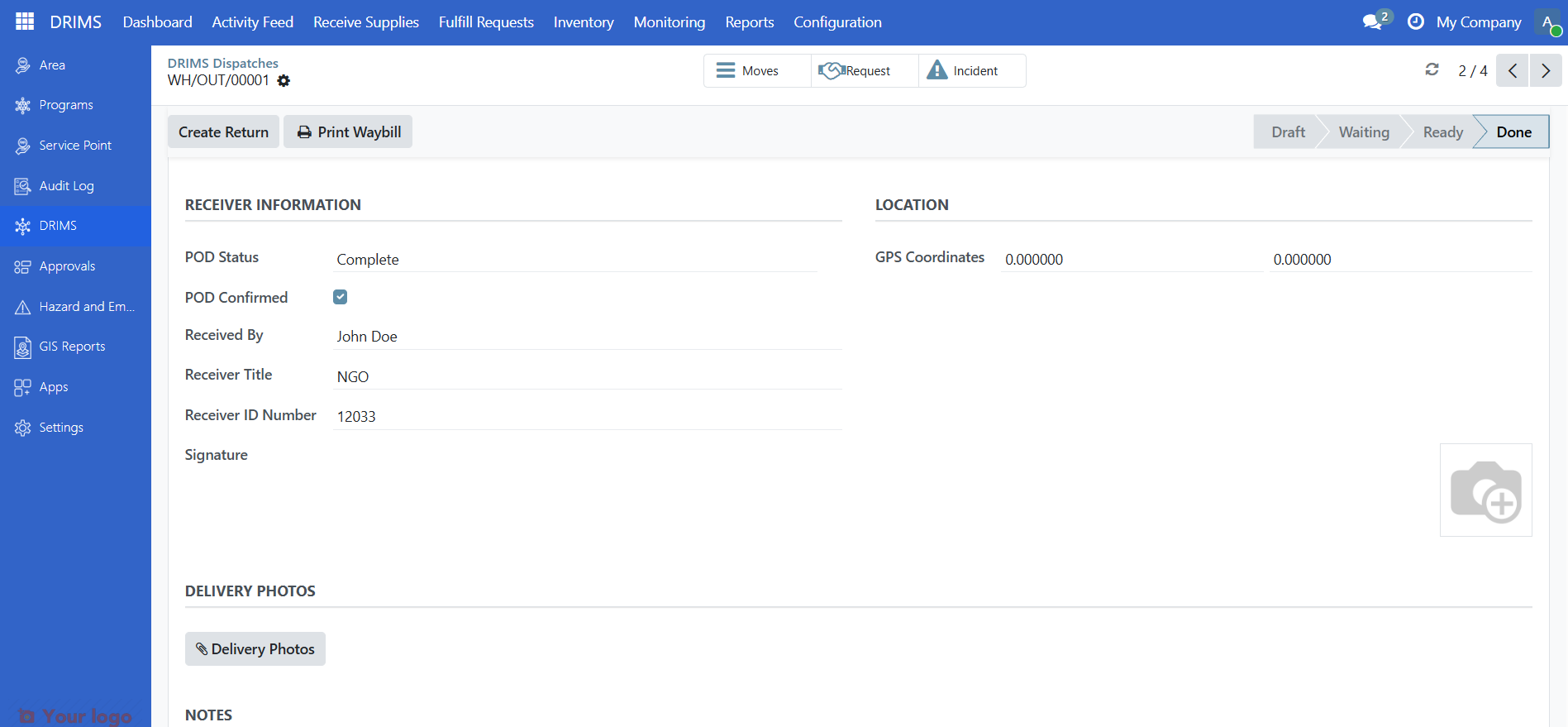 DRIMS tab POD section with receiver fields, signature, and POD Confirmed checkbox