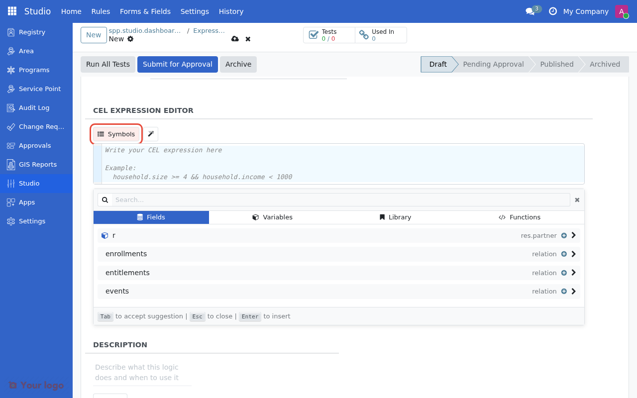 Symbol browser panel showing available symbols and variables