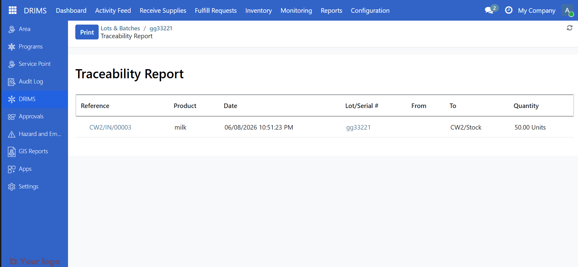 Traceability Report showing reference, product, date, lot, from, to, and quantity columns
