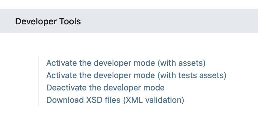 Overview of the debug options under settings in Odoo.