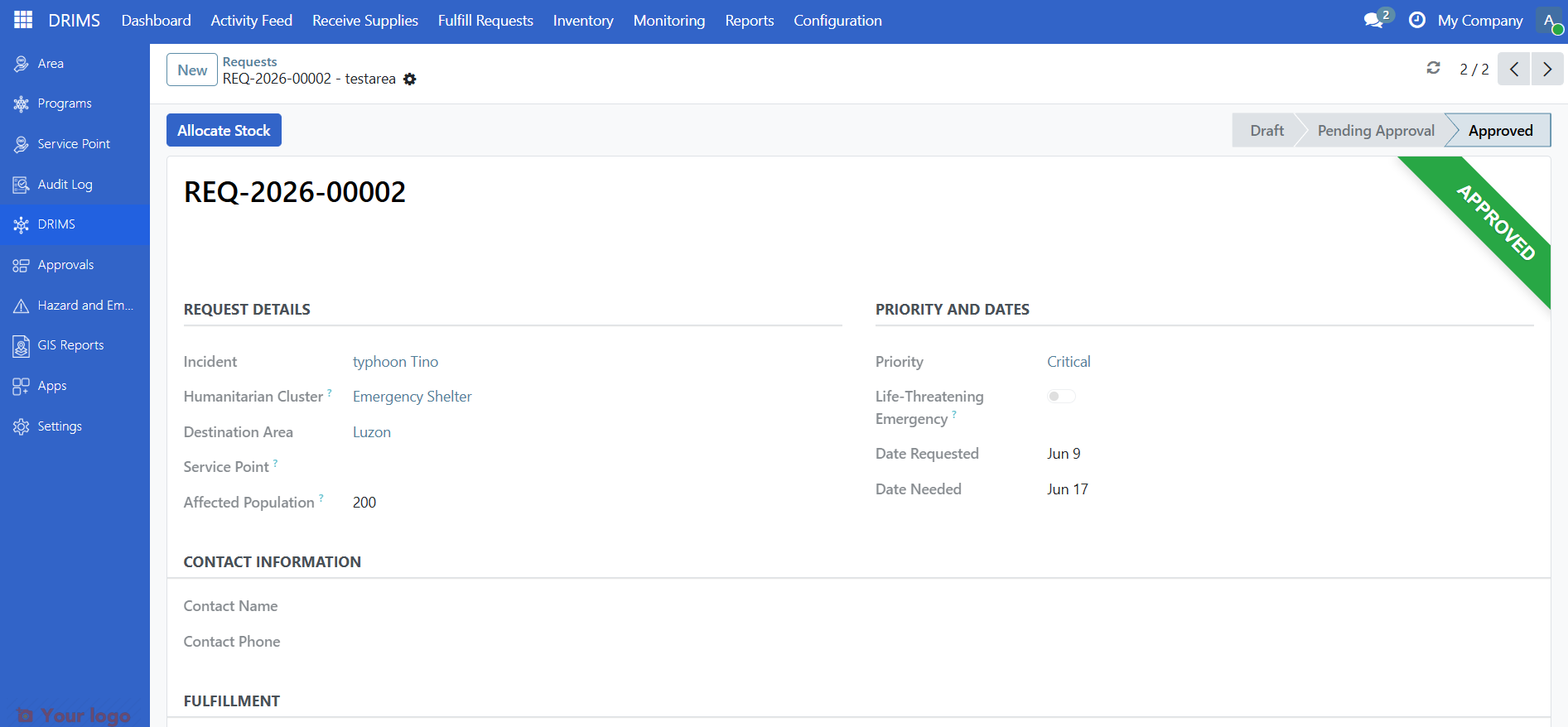 Allocate Stock button and Ready to Allocate banner on an approved request
