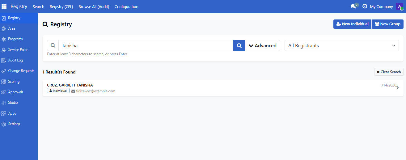 Search results showing new individual