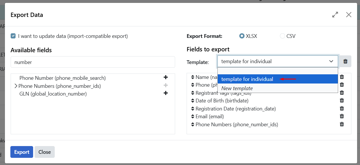 Select export template