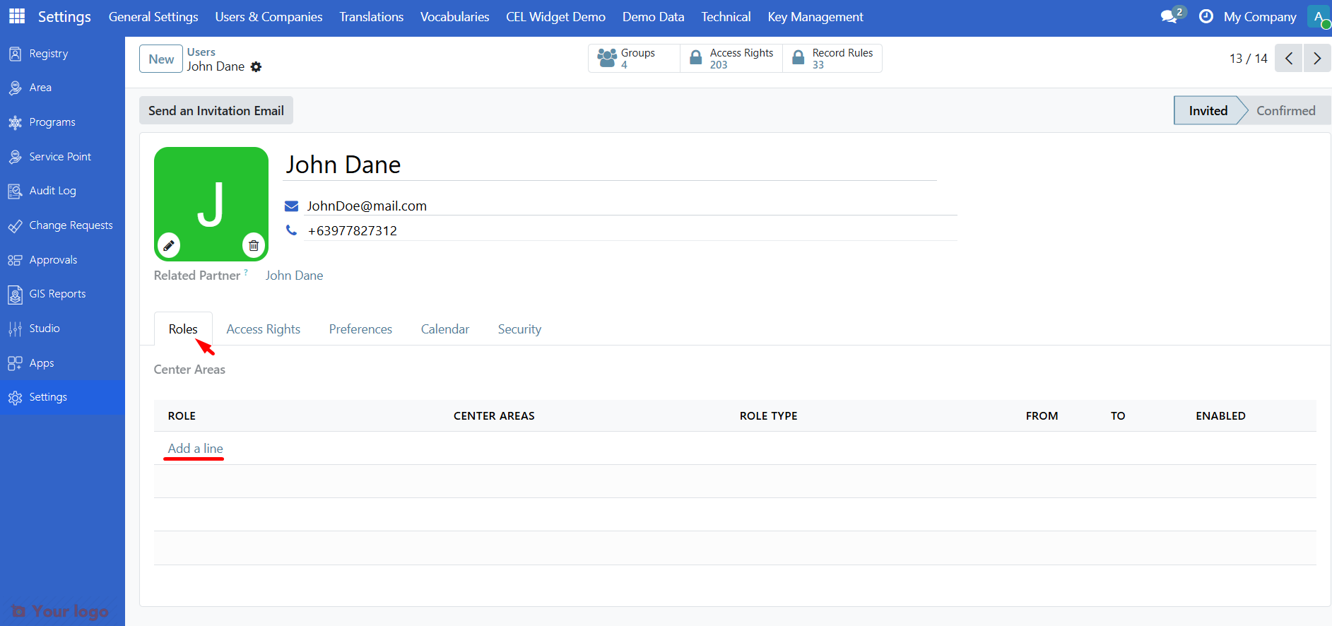 User form Roles tab with Add a line
