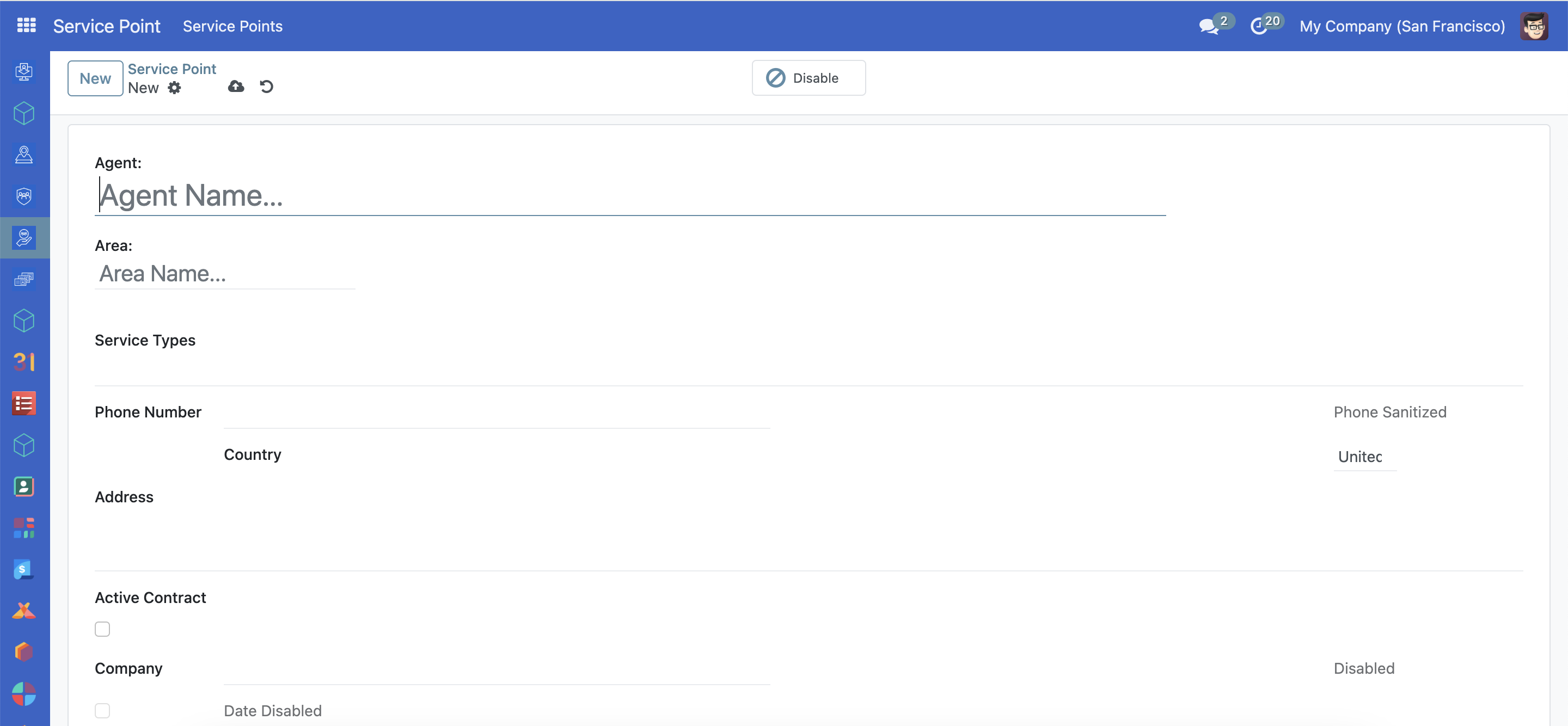 Service Point creation form with fields for Agent Name, Address, Phone Number, Area selection, Service Types, and Active Contract checkbox