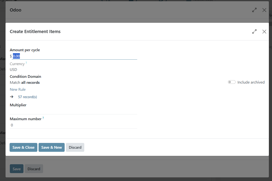Add new cash entitlement line interface with Amount per cycle input field highlighted