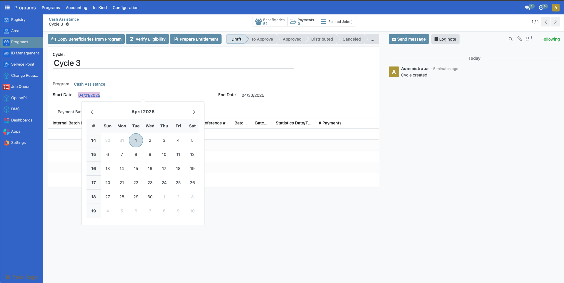 Cycle editing popup showing Start date and End date fields with Save button for modifying cycle duration