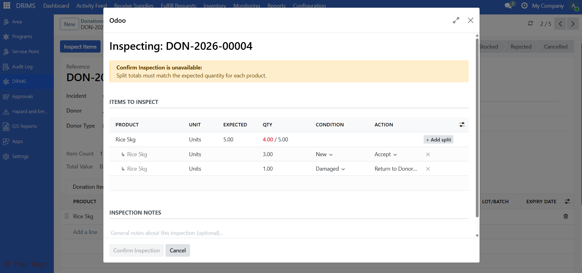 Confirm Inspection button disabled with reason messages listed