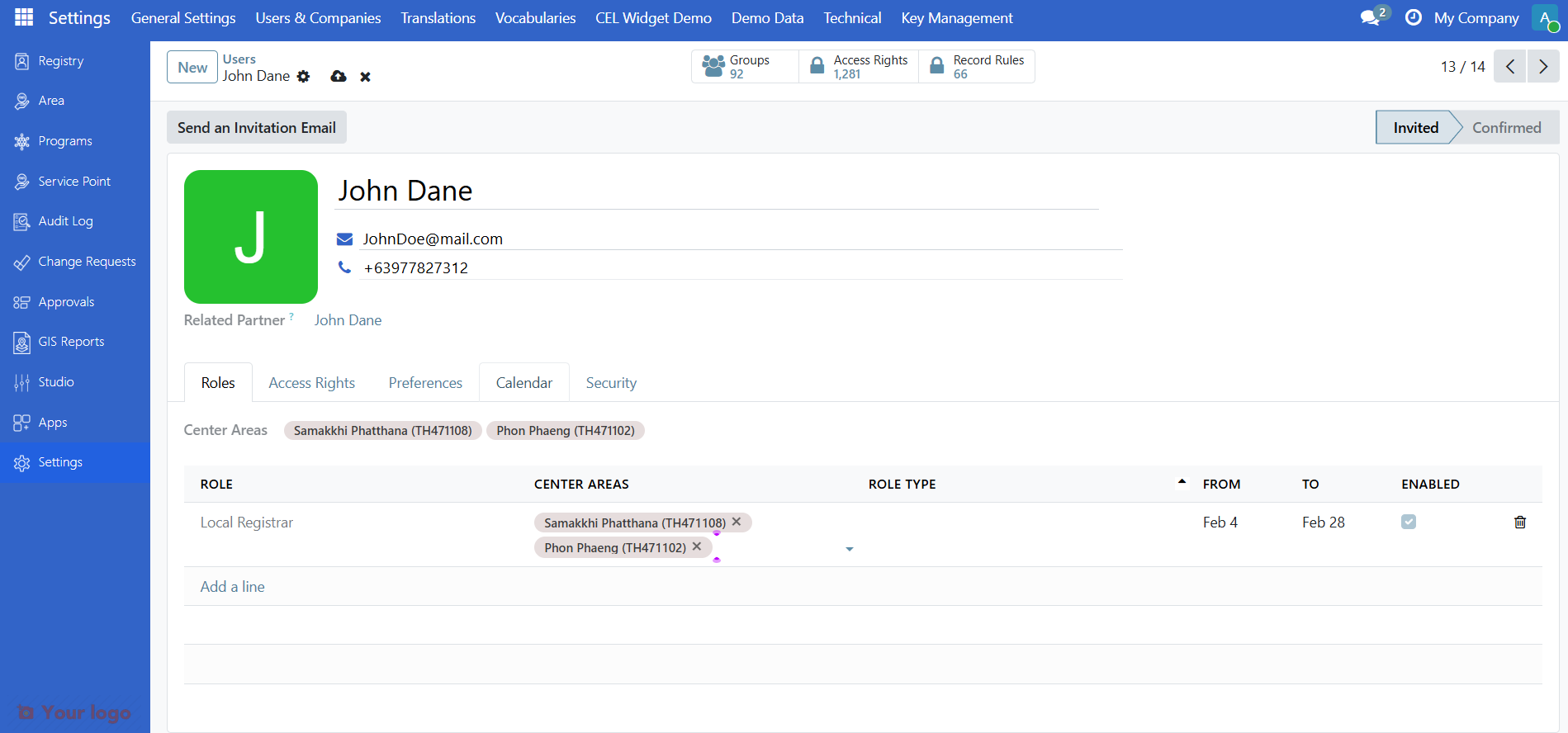 Role line with Role, Role Type, Center Area, From and To