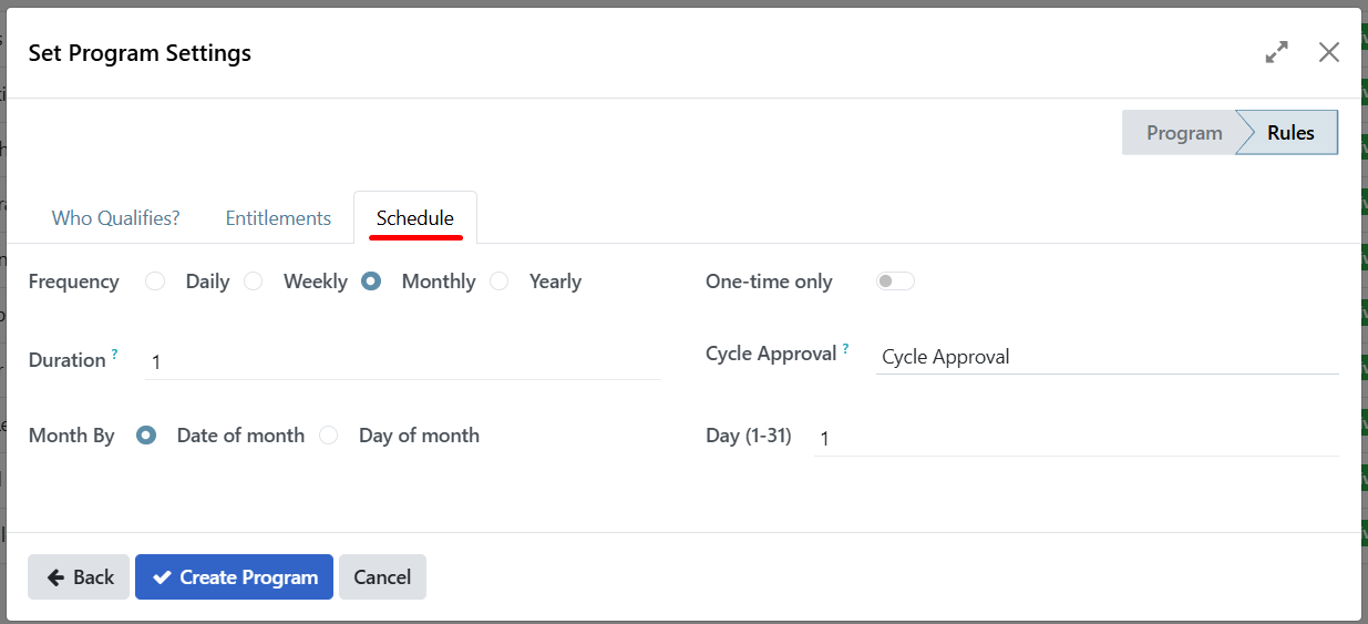 Schedule tab showing recurrence and cycle approval options