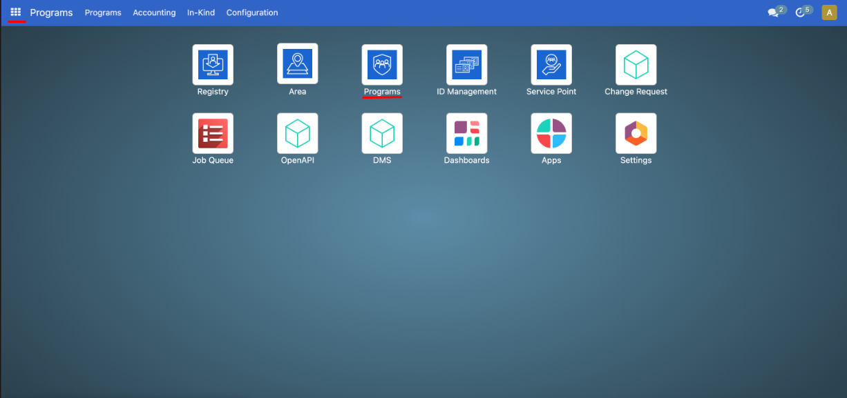 OpenSPP main navigation menu showing Programs option highlighted for creating a new program