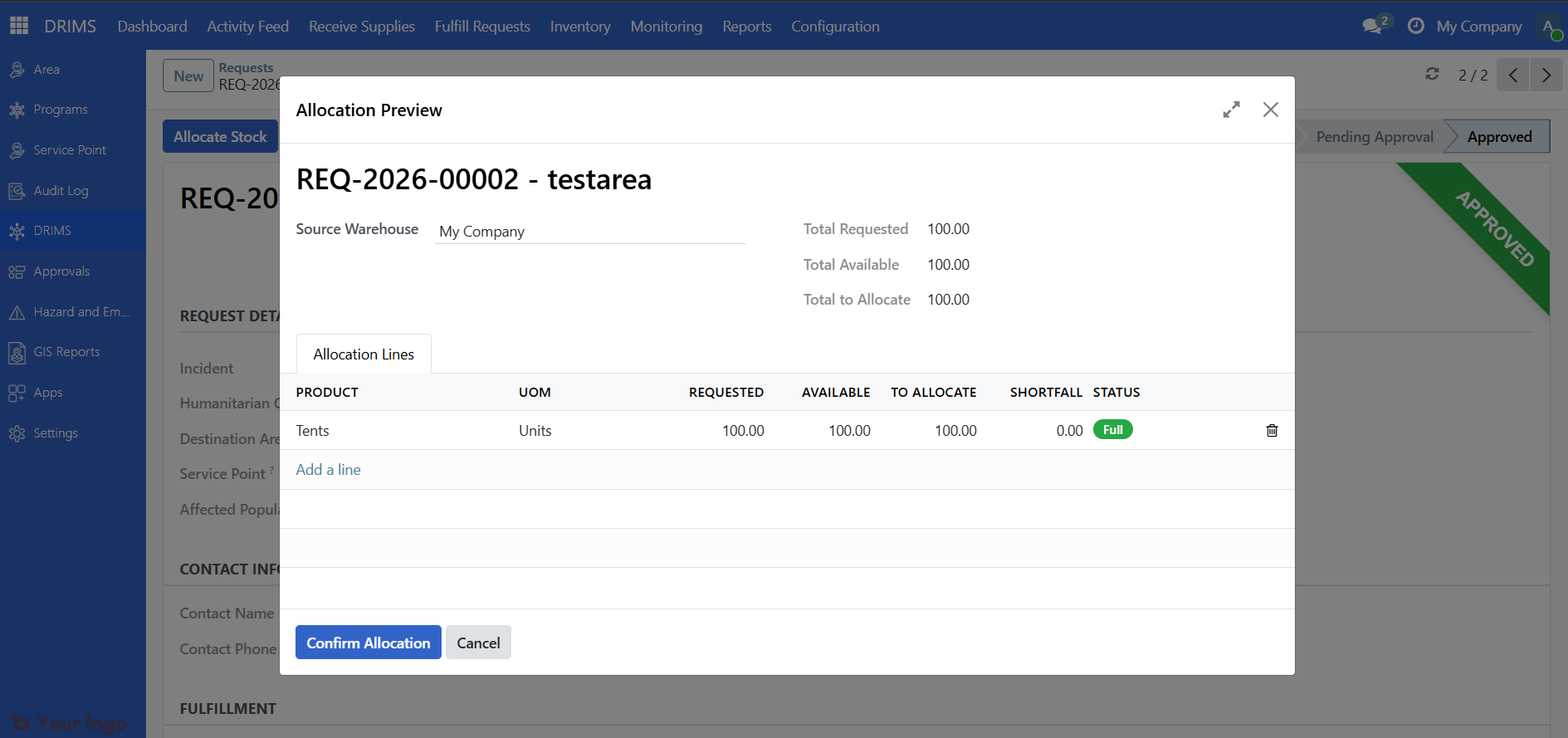 Allocation preview wizard showing available stock per item