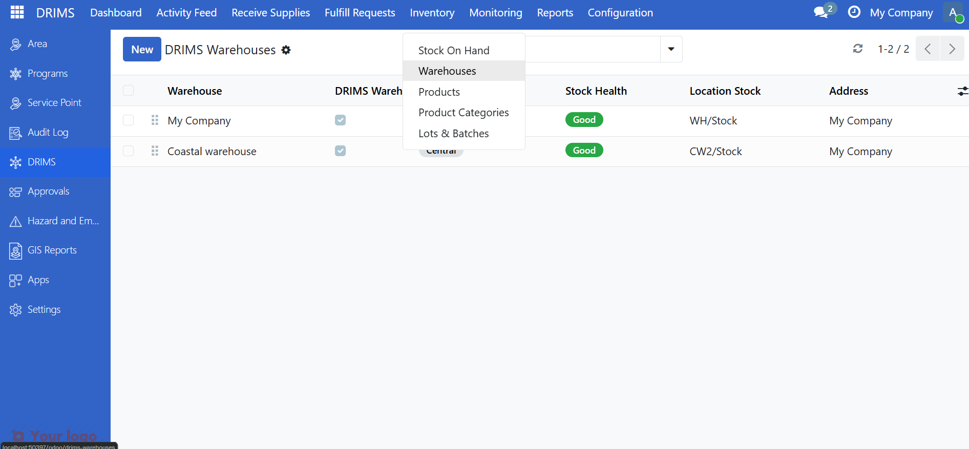 DRIMS Warehouses list