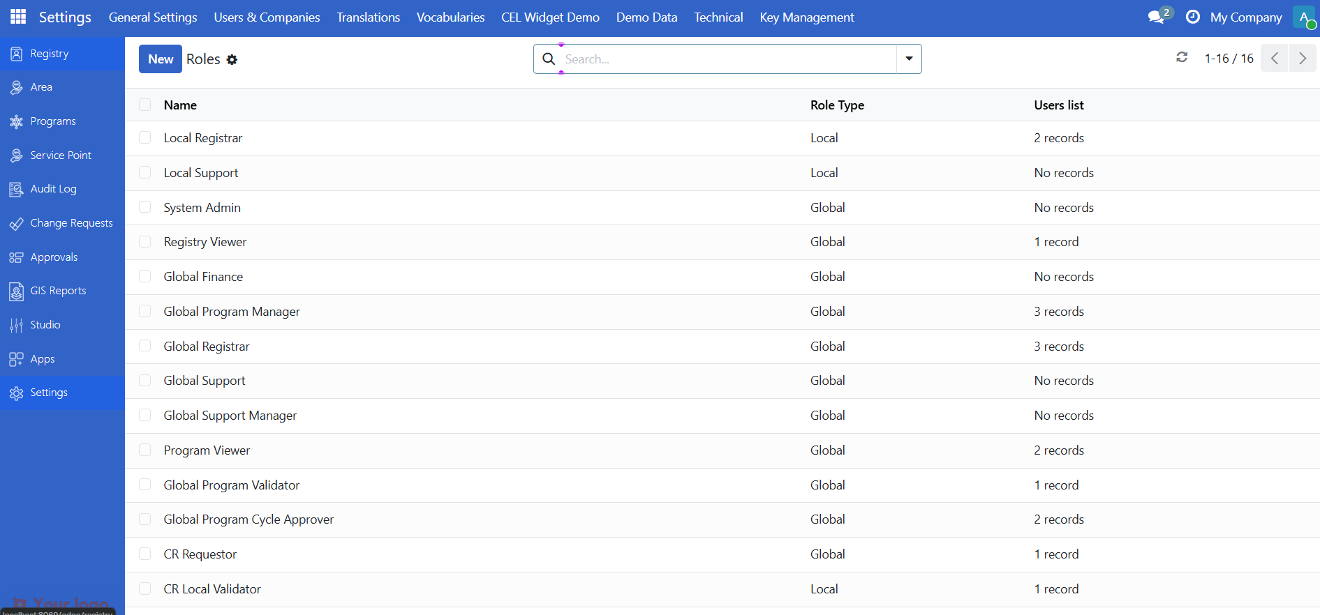 Roles list with Create button