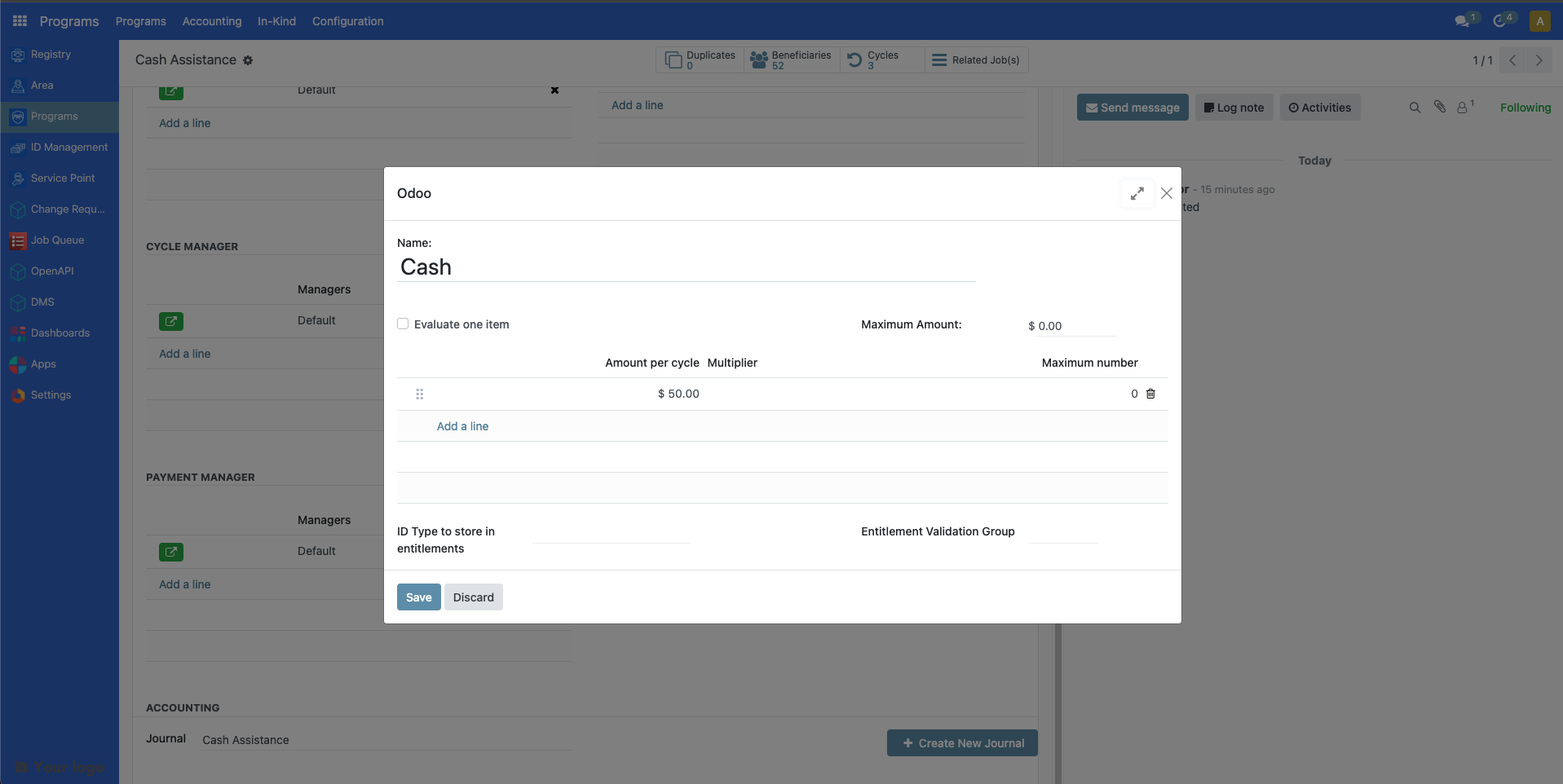 Entitlement manager configuration popup with entitlement settings and Save button