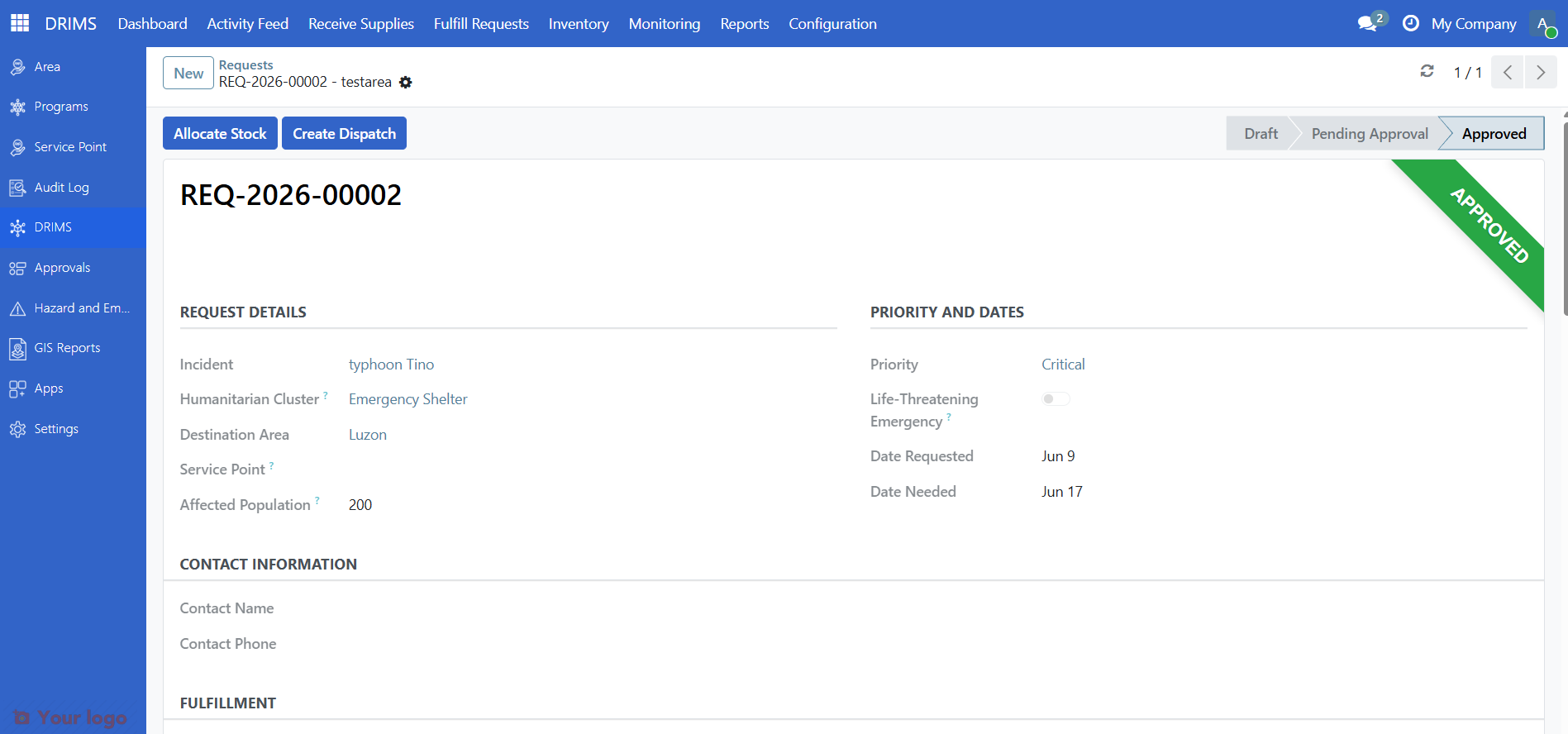 Create Dispatch button visible after allocation