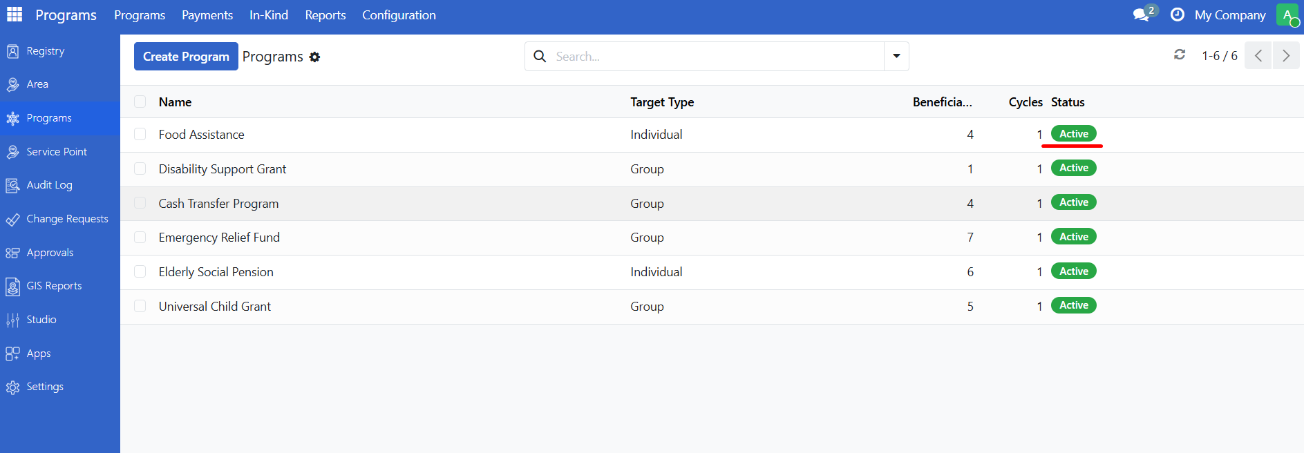 Newly created program showing Active status