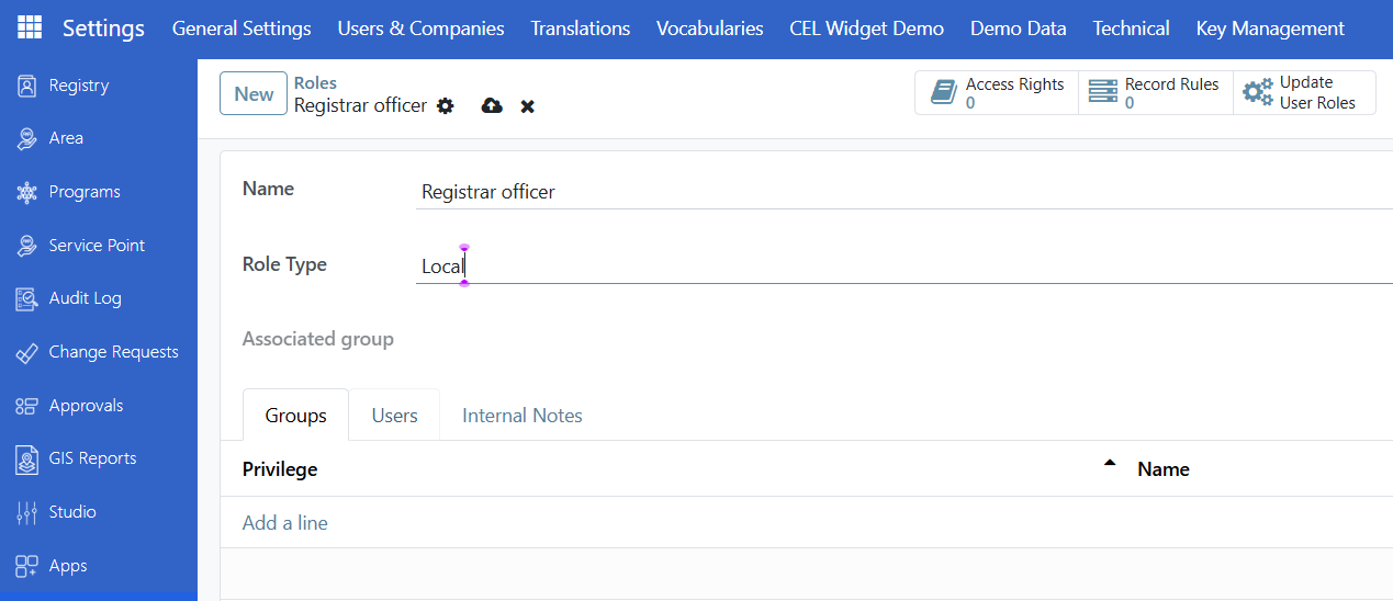 New role form with Name and Role Type