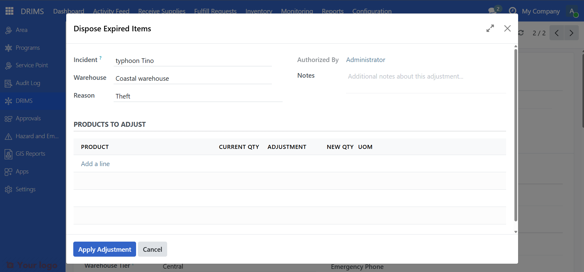 Stock adjustment wizard showing Incident, Warehouse, Reason, Authorized By, and Products to Adjust fields
