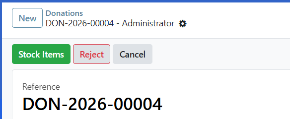 Stock Items button visible in the donation form header