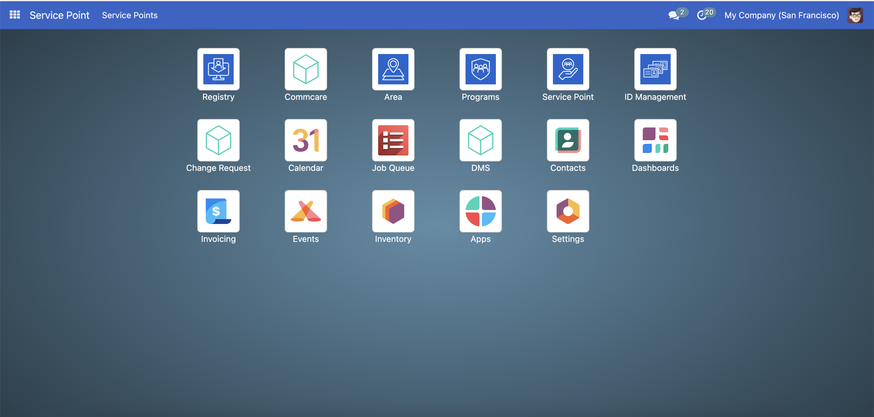 Screenshot showing the OpenSPP dashboard with the left navigation menu expanded, highlighting the Service Point menu item