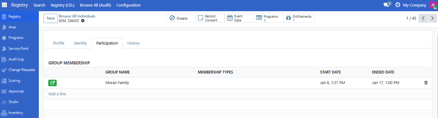 Individual participation tab showing groups